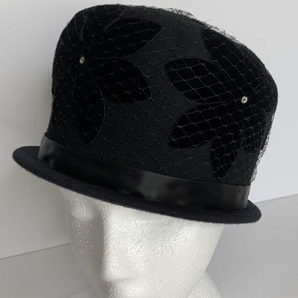 Vintage Henry Pollak Derby Hat Glenover Black Netting Velvet Flower Appliqués - Picture 7 of 16